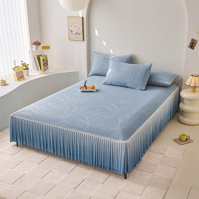 91家纺网 家纺一手货源 找家纺 梵克保罗 2025新款3D冰感床裙渐变色凉席-叶叶生歌 叶叶生歌-蓝