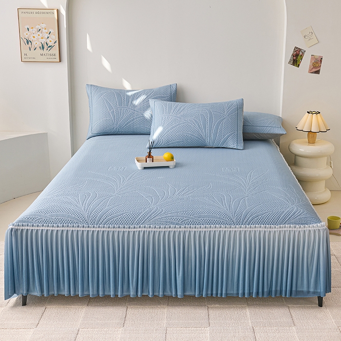 91家纺网 家纺一手货源 找家纺 梵克保罗 2025新款3D冰感床裙渐变色凉席-叶叶生歌 叶叶生歌-蓝