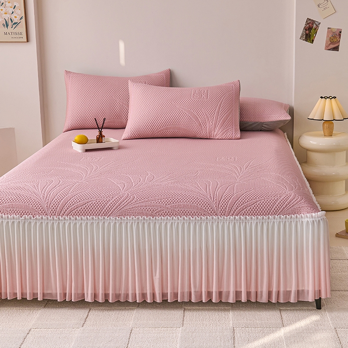 91家纺网 家纺一手货源 找家纺 梵克保罗 2025新款3D冰感床裙渐变色凉席-叶叶生歌 叶叶生歌-粉