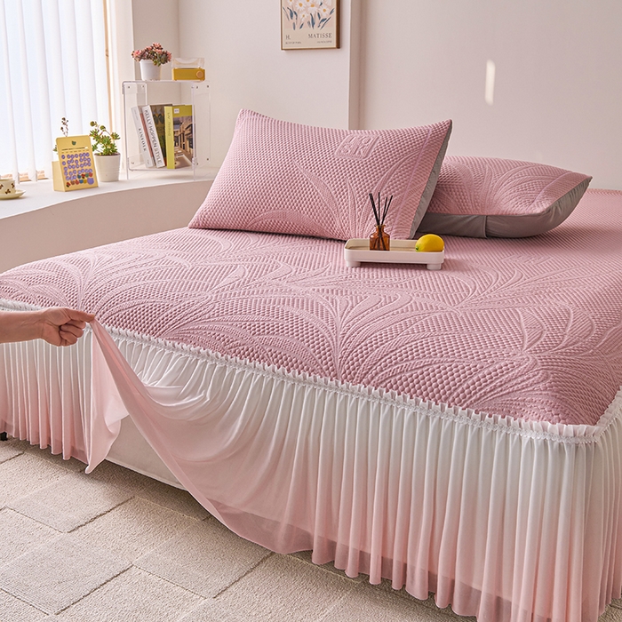 91家纺网 家纺一手货源 找家纺 梵克保罗 2025新款3D冰感床裙渐变色凉席-叶叶生歌 叶叶生歌-粉