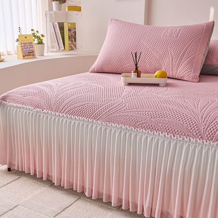 91家纺网 家纺一手货源 找家纺 梵克保罗 2025新款3D冰感床裙渐变色凉席-叶叶生歌 叶叶生歌-粉