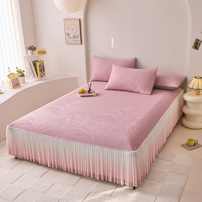 91家纺网 家纺一手货源 找家纺 梵克保罗 2025新款3D冰感床裙渐变色凉席-叶叶生歌 叶叶生歌-粉