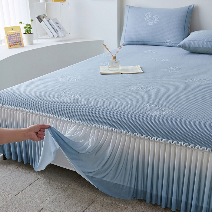 91家纺网 家纺一手货源 找家纺 梵克保罗 2025新款3D冰感床裙渐变色凉席-叶叶生歌 茶花之恋-蓝