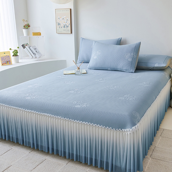 91家纺网 家纺一手货源 找家纺 梵克保罗 2025新款3D冰感床裙渐变色凉席-叶叶生歌 茶花之恋-蓝