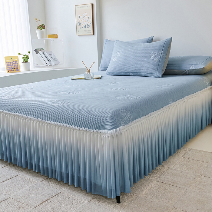 91家纺网 家纺一手货源 找家纺 梵克保罗 2025新款3D冰感床裙渐变色凉席-叶叶生歌 茶花之恋-蓝