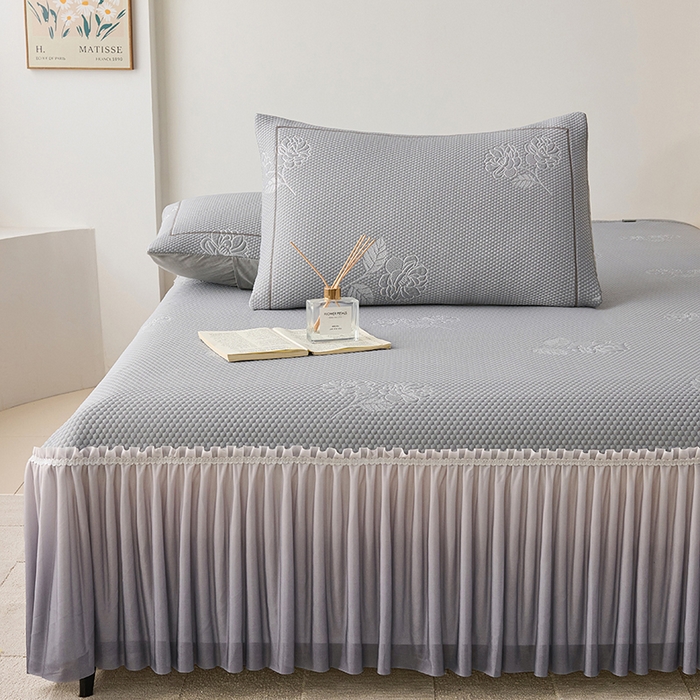 91家纺网 家纺一手货源 找家纺 梵克保罗 2025新款3D冰感床裙渐变色凉席-叶叶生歌 茶花之恋-灰