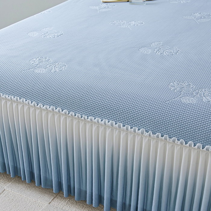 91家纺网 家纺一手货源 找家纺 梵克保罗 2025新款3D冰感床裙渐变色凉席-叶叶生歌 茶花之恋-蓝