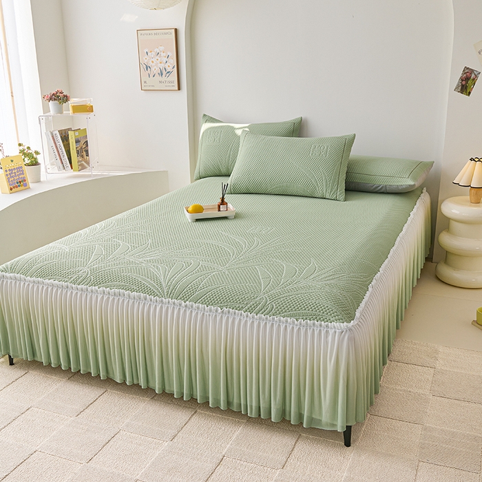 91家纺网 家纺一手货源 找家纺 梵克保罗 2025新款3D冰感床裙渐变色凉席-叶叶生歌 叶叶生歌-水绿