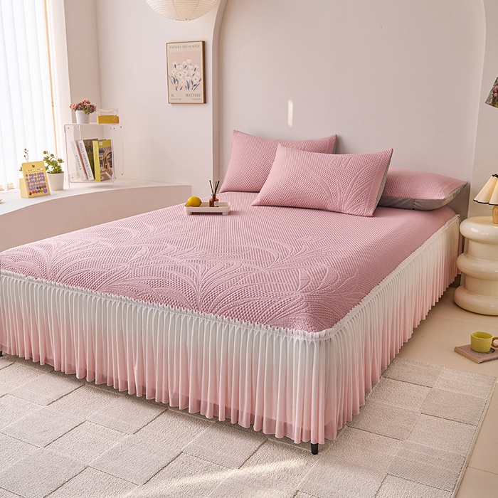 91家纺网 家纺一手货源 找家纺 梵克保罗 2025新款3D冰感床裙渐变色凉席-叶叶生歌 叶叶生歌-粉