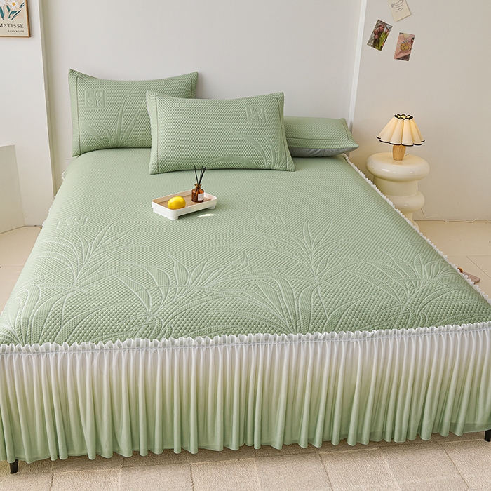 91家纺网 家纺一手货源 找家纺 梵克保罗 2025新款3D冰感床裙渐变色凉席-叶叶生歌 叶叶生歌-水绿