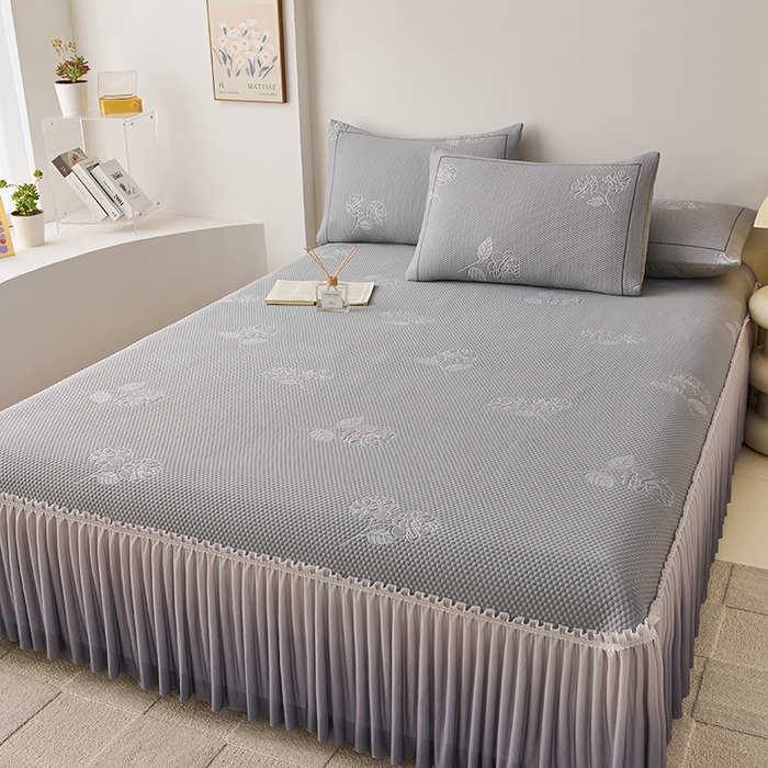 91家纺网 家纺一手货源 找家纺 梵克保罗 2025新款3D冰感床裙渐变色凉席-叶叶生歌 茶花之恋-灰