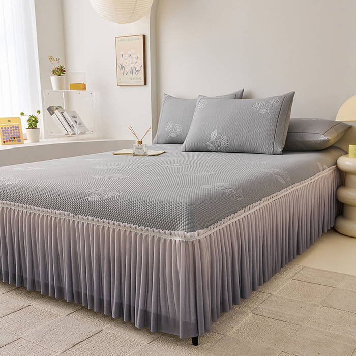 91家纺网 家纺一手货源 找家纺 梵克保罗 2025新款3D冰感床裙渐变色凉席-叶叶生歌 茶花之恋-灰