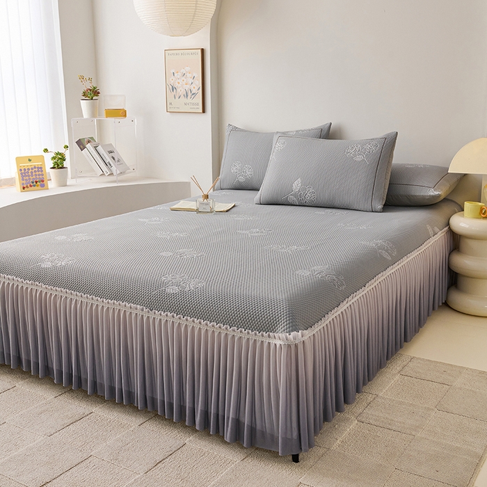 91家纺网 家纺一手货源 找家纺 梵克保罗 2025新款3D冰感床裙渐变色凉席-叶叶生歌 茶花之恋-灰