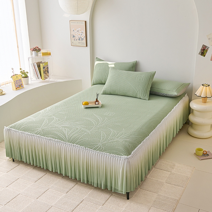 91家纺网 家纺一手货源 找家纺 梵克保罗 2025新款3D冰感床裙渐变色凉席-叶叶生歌 叶叶生歌-水绿