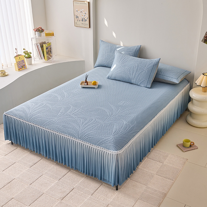 91家纺网 家纺一手货源 找家纺 梵克保罗 2025新款3D冰感床裙渐变色凉席-叶叶生歌 叶叶生歌-蓝