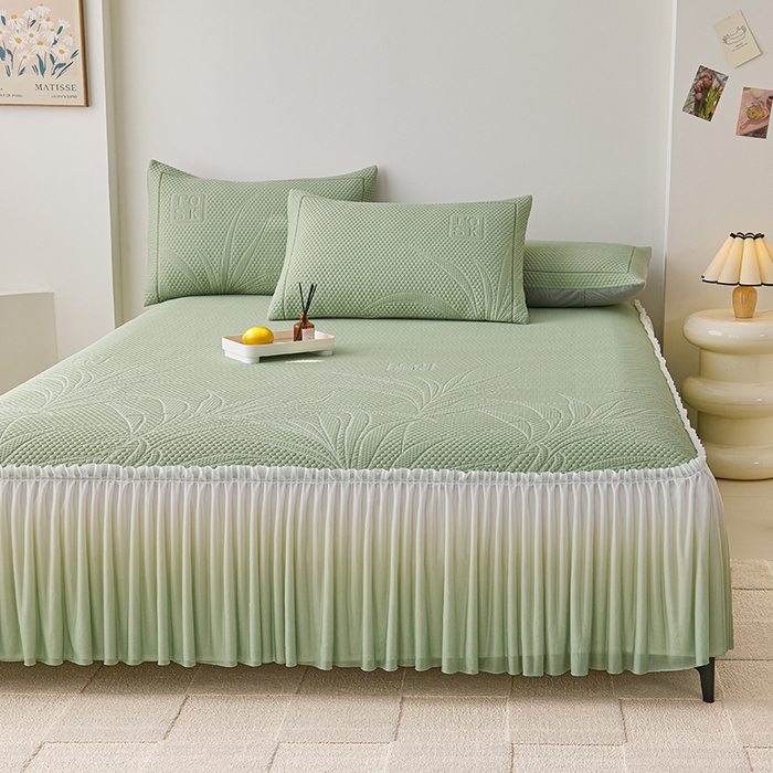 91家纺网 家纺一手货源 找家纺 梵克保罗 2025新款3D冰感床裙渐变色凉席-叶叶生歌 叶叶生歌-水绿