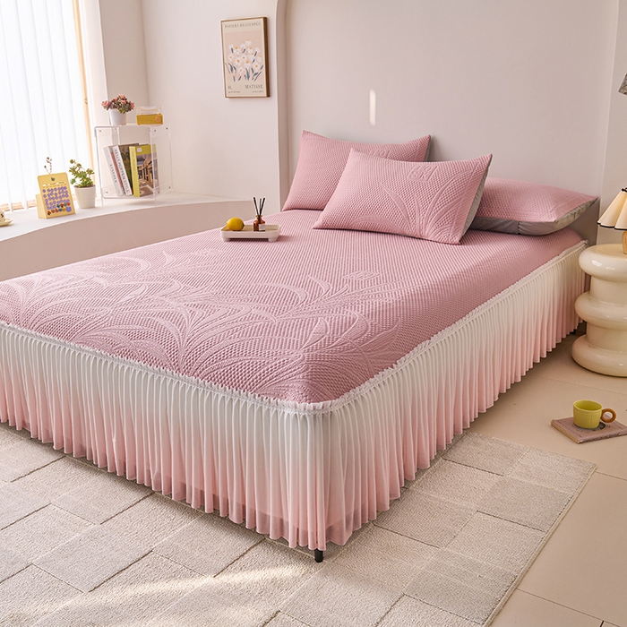 91家纺网 家纺一手货源 找家纺 梵克保罗 2025新款3D冰感床裙渐变色凉席-叶叶生歌 叶叶生歌-粉