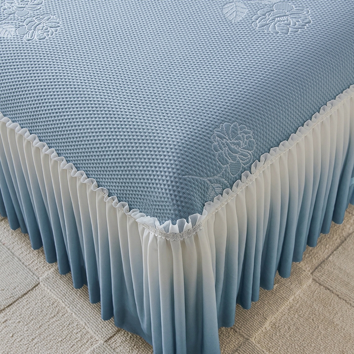 91家纺网 家纺一手货源 找家纺 梵克保罗 2025新款3D冰感床裙渐变色凉席-叶叶生歌 茶花之恋-蓝