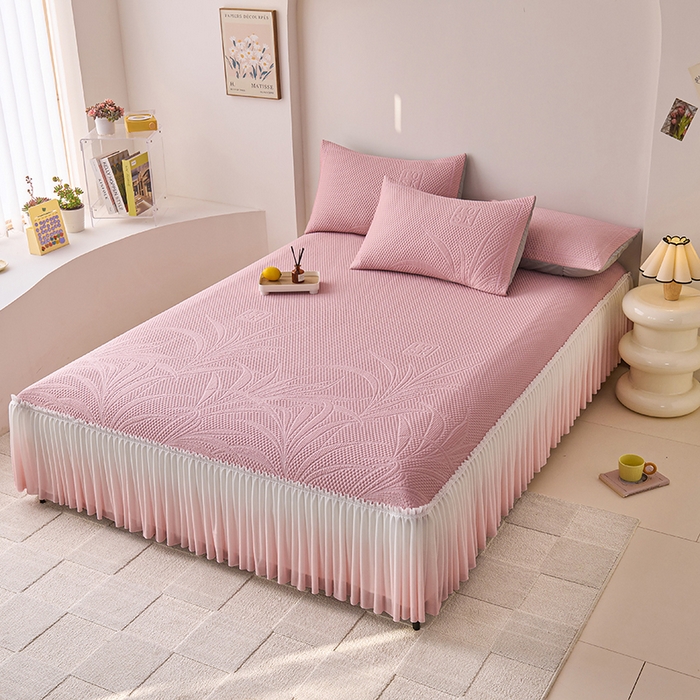 91家纺网 家纺一手货源 找家纺 梵克保罗 2025新款3D冰感床裙渐变色凉席-叶叶生歌 叶叶生歌-粉