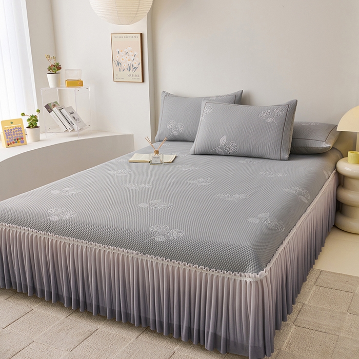 91家纺网 家纺一手货源 找家纺 梵克保罗 2025新款3D冰感床裙渐变色凉席-叶叶生歌 茶花之恋-灰