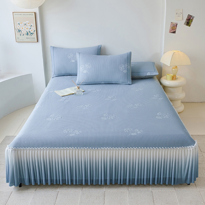 梵克保罗 2025新款3D冰感床裙渐变色凉席-叶叶生歌 茶花之恋-蓝