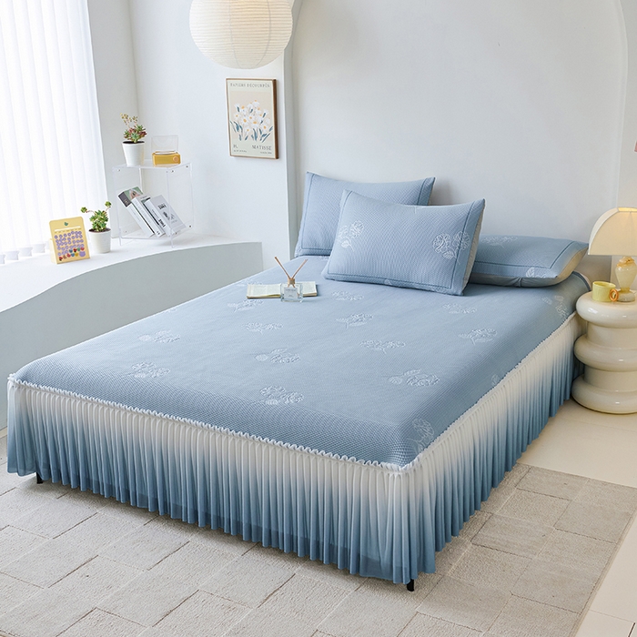 91家纺网 家纺一手货源 找家纺 梵克保罗 2025新款3D冰感床裙渐变色凉席-叶叶生歌 茶花之恋-蓝