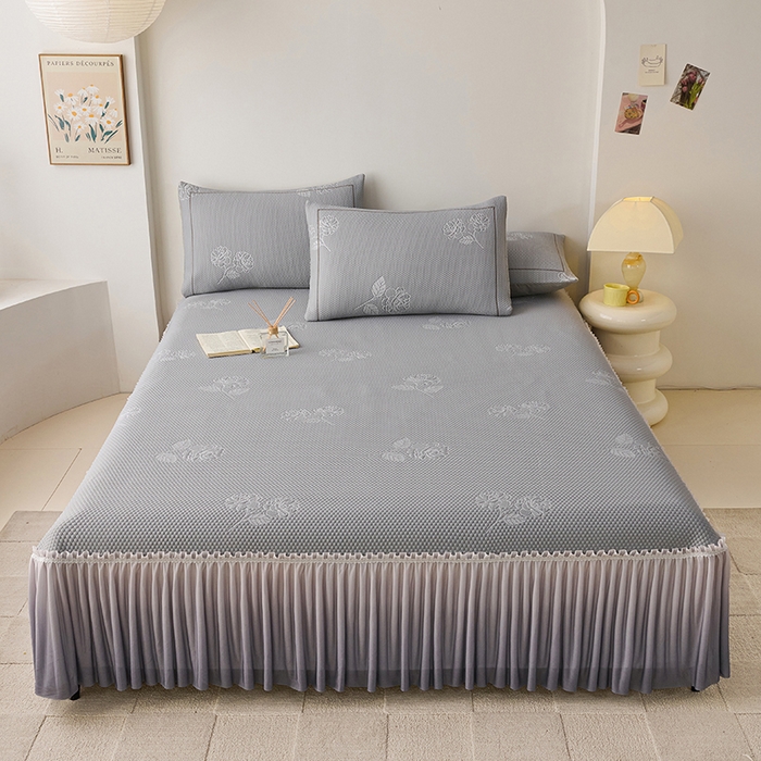 梵克保罗 2025新款3D冰感床裙渐变色凉席-叶叶生歌 茶花之恋-灰