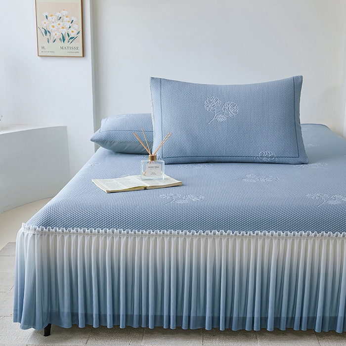 91家纺网 家纺一手货源 找家纺 梵克保罗 2025新款3D冰感床裙渐变色凉席-叶叶生歌 茶花之恋-蓝