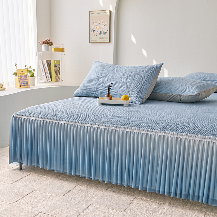 91家纺网 家纺一手货源 找家纺 梵克保罗 2025新款3D冰感床裙渐变色凉席-叶叶生歌 叶叶生歌-蓝