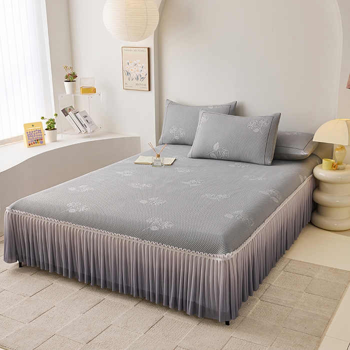 91家纺网 家纺一手货源 找家纺 梵克保罗 2025新款3D冰感床裙渐变色凉席-叶叶生歌 茶花之恋-灰