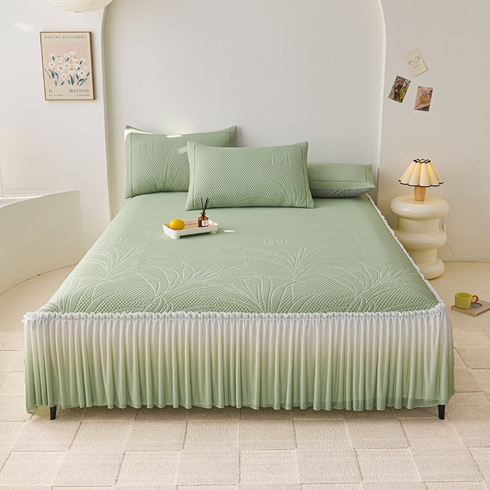 91家纺网 家纺一手货源 找家纺 梵克保罗 2025新款3D冰感床裙渐变色凉席-叶叶生歌 叶叶生歌-水绿