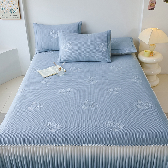 91家纺网 家纺一手货源 找家纺 梵克保罗 2025新款3D冰感床裙渐变色凉席-叶叶生歌 茶花之恋-蓝