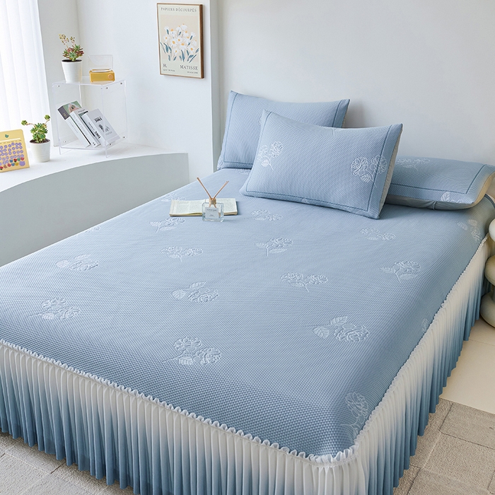 91家纺网 家纺一手货源 找家纺 梵克保罗 2025新款3D冰感床裙渐变色凉席-叶叶生歌 茶花之恋-蓝