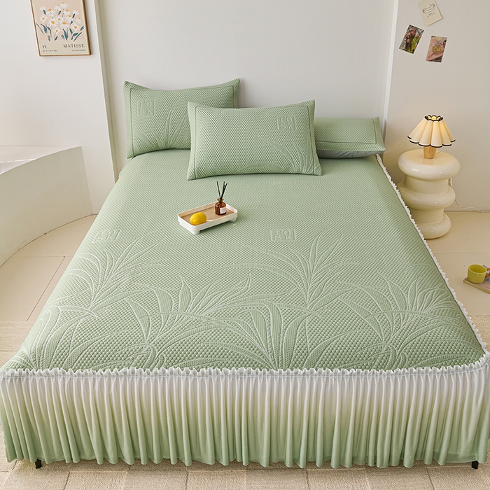 91家纺网 家纺一手货源 找家纺 梵克保罗 2025新款3D冰感床裙渐变色凉席-叶叶生歌 叶叶生歌-水绿