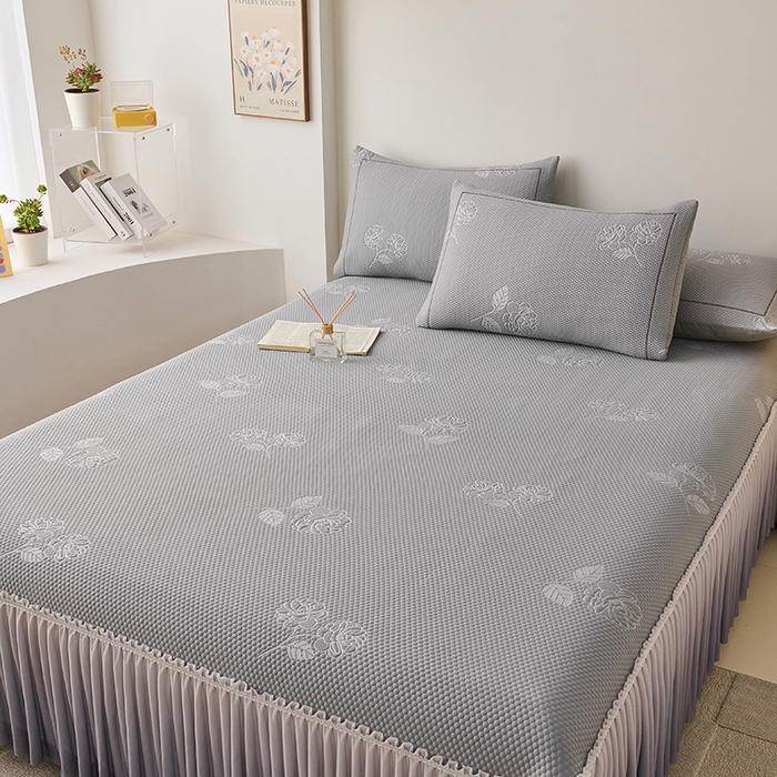 91家纺网 家纺一手货源 找家纺 梵克保罗 2025新款3D冰感床裙渐变色凉席-叶叶生歌 茶花之恋-灰