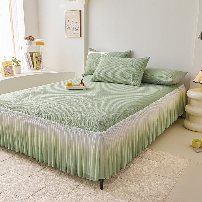 91家纺网 家纺一手货源 找家纺 梵克保罗 2025新款3D冰感床裙渐变色凉席-叶叶生歌 叶叶生歌-水绿