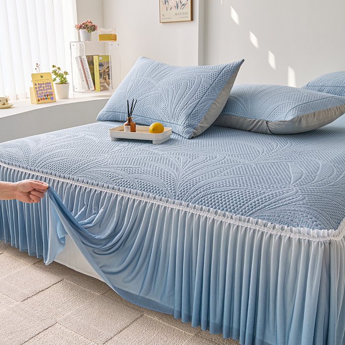 91家纺网 家纺一手货源 找家纺 梵克保罗 2025新款3D冰感床裙渐变色凉席-叶叶生歌 叶叶生歌-蓝