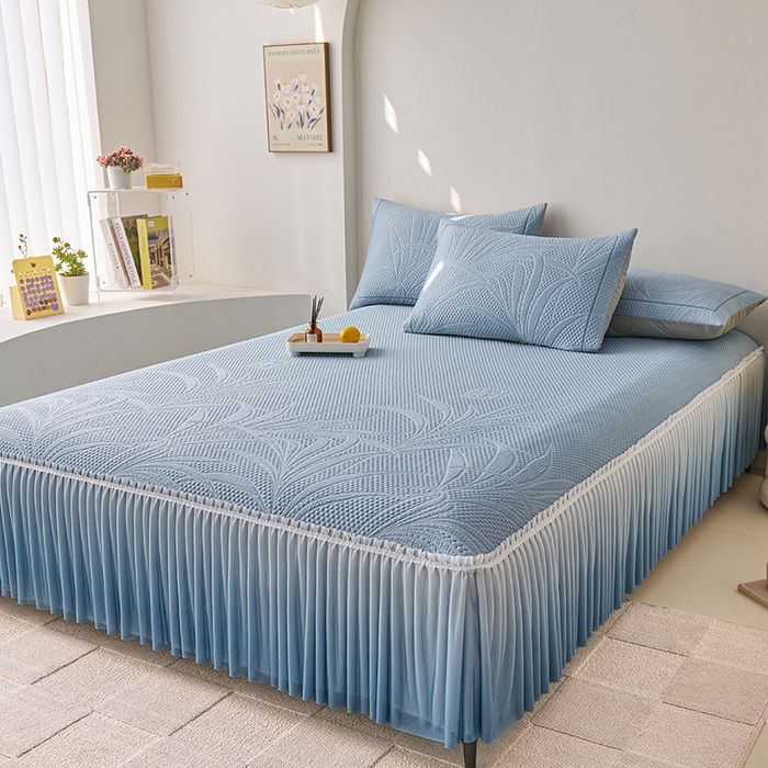 91家纺网 家纺一手货源 找家纺 梵克保罗 2025新款3D冰感床裙渐变色凉席-叶叶生歌 叶叶生歌-蓝