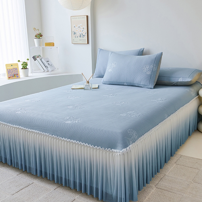 91家纺网 家纺一手货源 找家纺 梵克保罗 2025新款3D冰感床裙渐变色凉席-叶叶生歌 茶花之恋-蓝