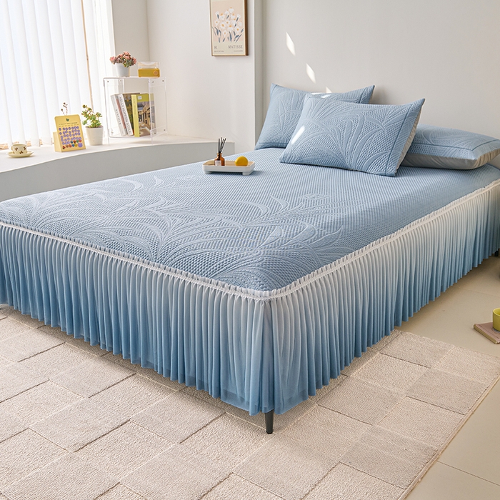 91家纺网 家纺一手货源 找家纺 梵克保罗 2025新款3D冰感床裙渐变色凉席-叶叶生歌 叶叶生歌-蓝