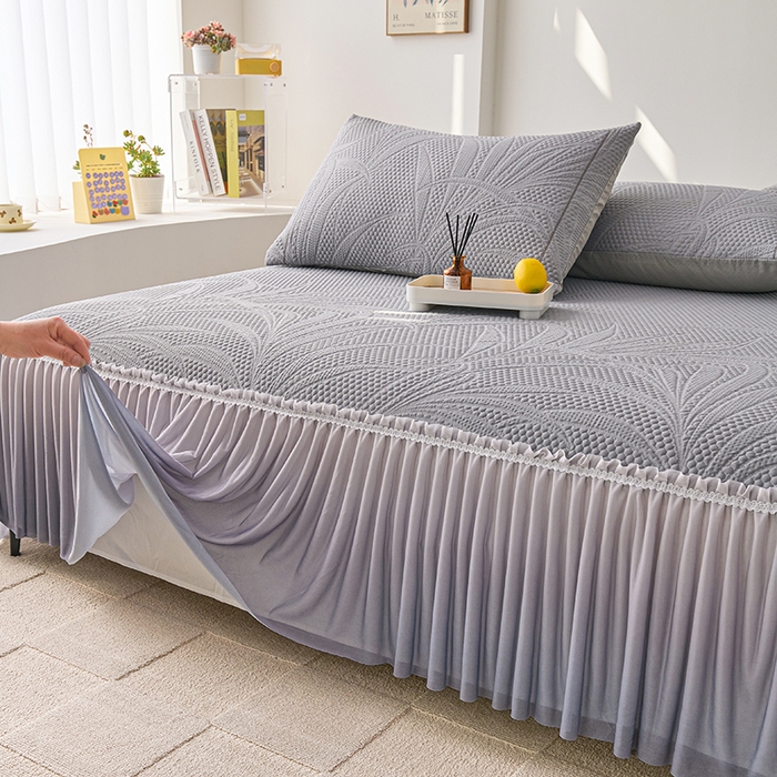 91家纺网 家纺一手货源 找家纺 梵克保罗 2025新款3D冰感床裙渐变色凉席-叶叶生歌 叶叶生歌-灰