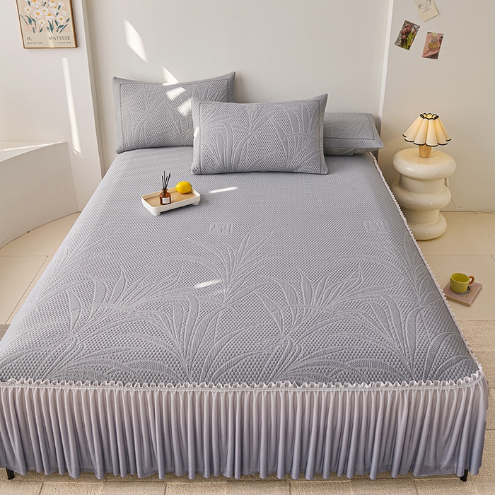 91家纺网 家纺一手货源 找家纺 梵克保罗 2025新款3D冰感床裙渐变色凉席-叶叶生歌 叶叶生歌-灰