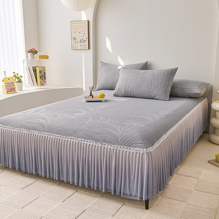 91家纺网 家纺一手货源 找家纺 梵克保罗 2025新款3D冰感床裙渐变色凉席-叶叶生歌 叶叶生歌-灰