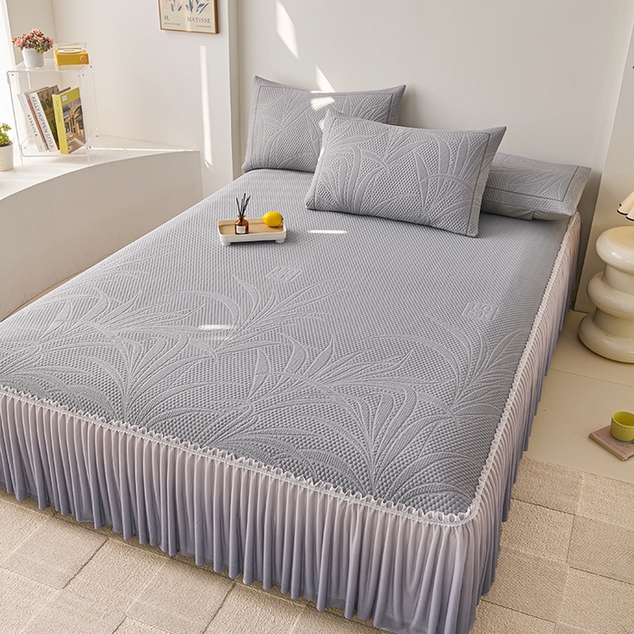 91家纺网 家纺一手货源 找家纺 梵克保罗 2025新款3D冰感床裙渐变色凉席-叶叶生歌 叶叶生歌-灰