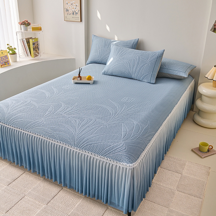 91家纺网 家纺一手货源 找家纺 梵克保罗 2025新款3D冰感床裙渐变色凉席-叶叶生歌 叶叶生歌-蓝