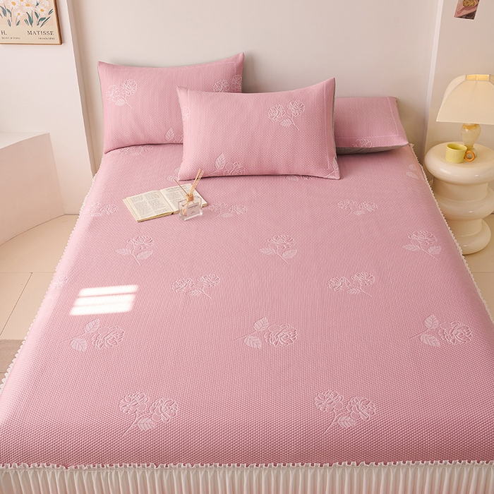 91家纺网 家纺一手货源 找家纺 梵克保罗 2025新款3D冰感床裙渐变色凉席-叶叶生歌 茶花之恋-粉