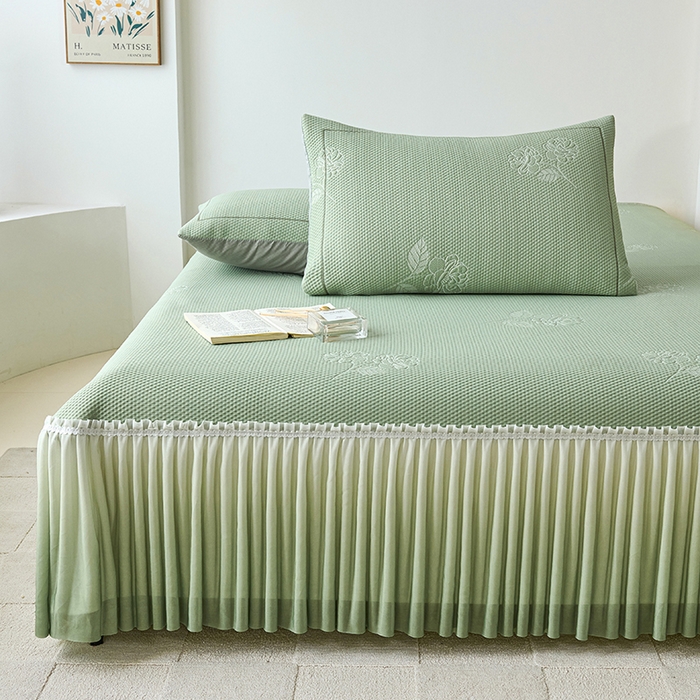 91家纺网 家纺一手货源 找家纺 梵克保罗 2025新款3D冰感床裙渐变色凉席-叶叶生歌 茶花之恋-水绿