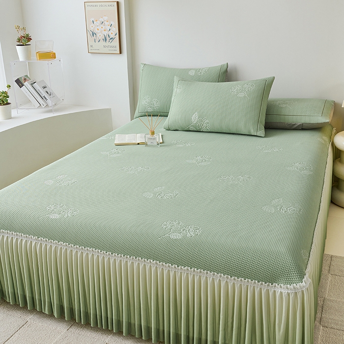 91家纺网 家纺一手货源 找家纺 梵克保罗 2025新款3D冰感床裙渐变色凉席-叶叶生歌 茶花之恋-水绿