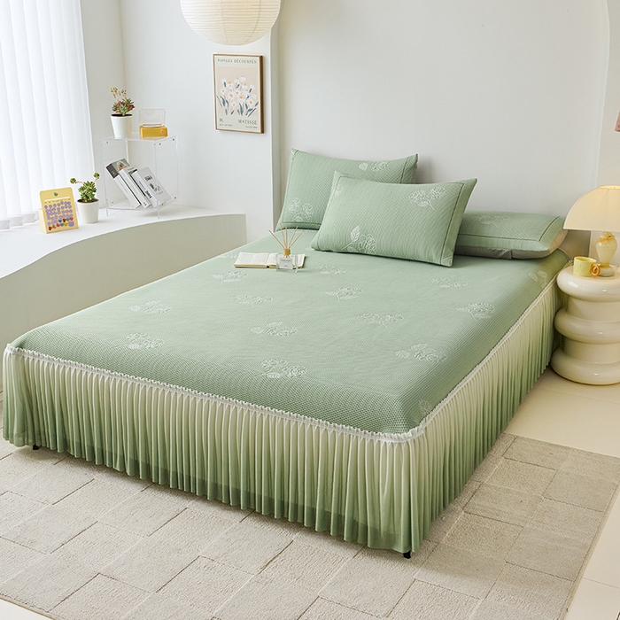 91家纺网 家纺一手货源 找家纺 梵克保罗 2025新款3D冰感床裙渐变色凉席-叶叶生歌 茶花之恋-水绿