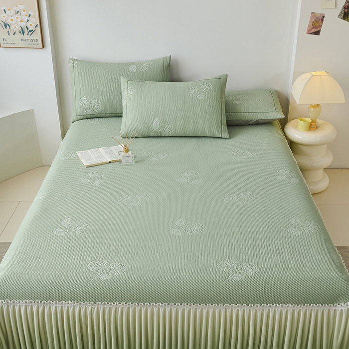 91家纺网 家纺一手货源 找家纺 梵克保罗 2025新款3D冰感床裙渐变色凉席-叶叶生歌 茶花之恋-水绿